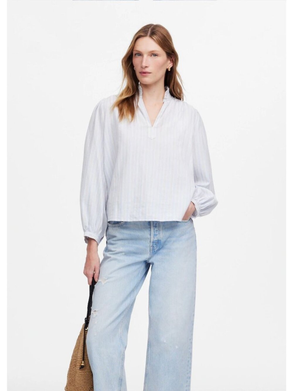Madewell Ruffled Popover Top in Stripe Cotton-sz Large